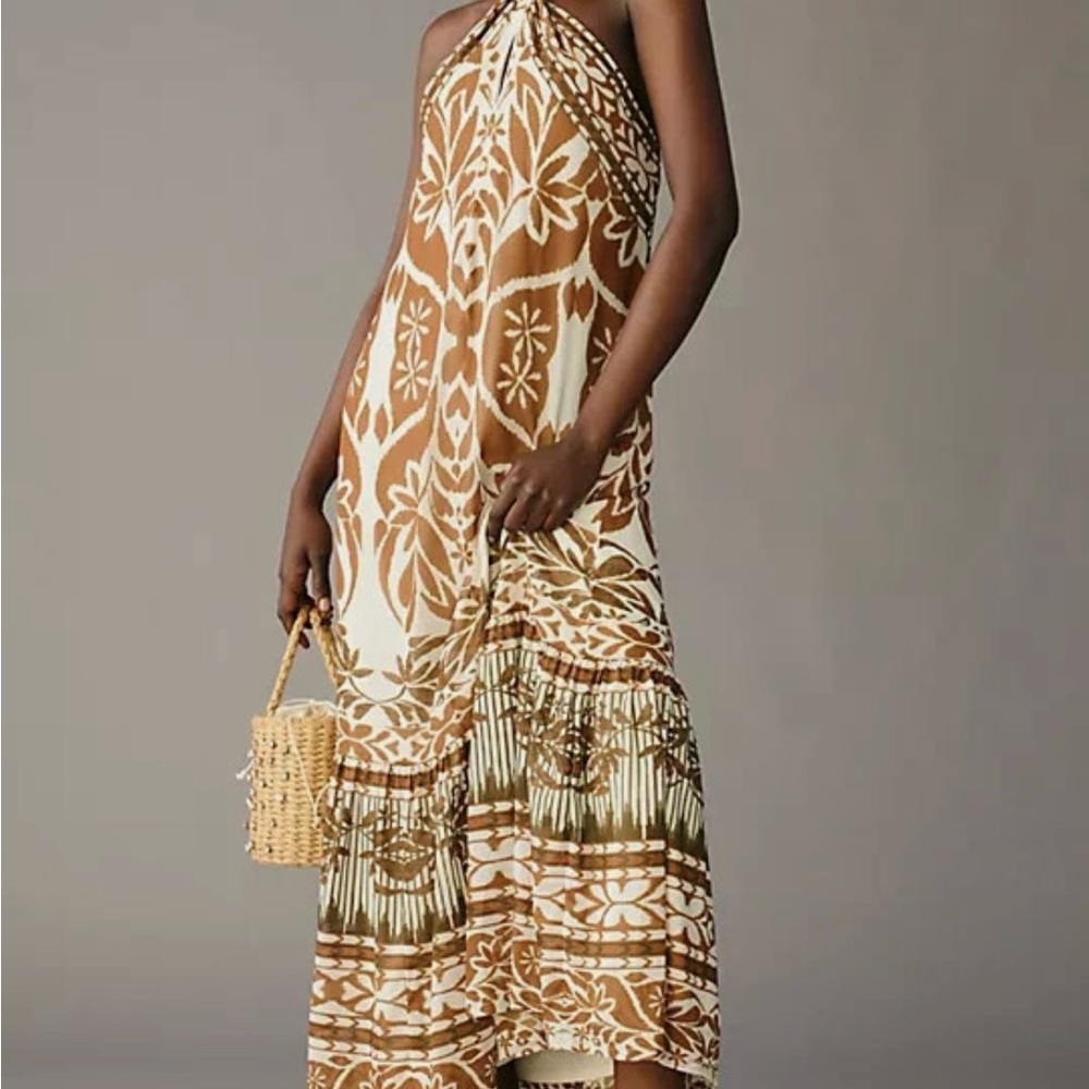 Anthropologie Vineet Bahl Brown and Cream Halter Maxi Dress